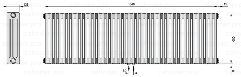 Схема (чертеж) Радиатор Zehnder Charleston 4100/40 №5410 Белый глянцевый RAL 9016